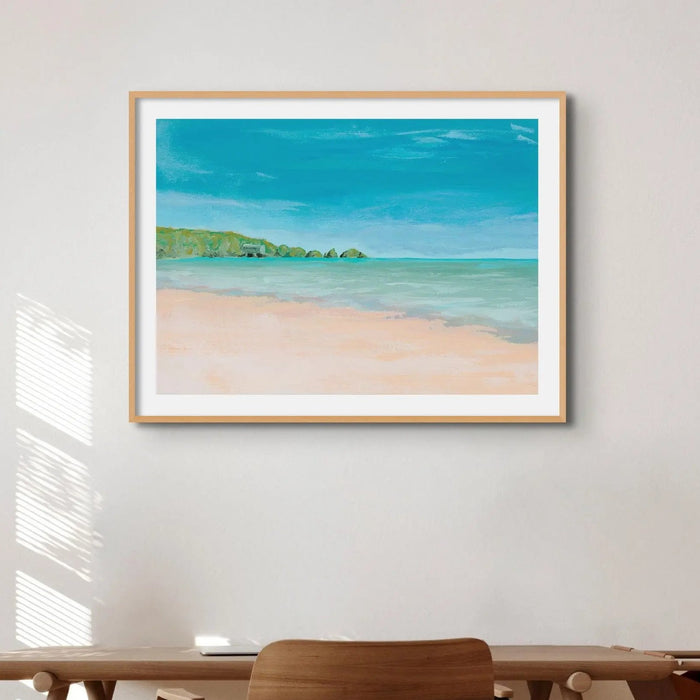Watercolour beach painting of Mother Ivey's bay in Cornwall on paper - Framed wall art print