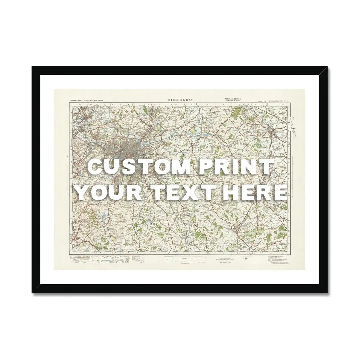 Custom Map Print of Birmingham | Personalised Map Print | Map Wall Art in White Hand Drawn Font - Framed Wall Art