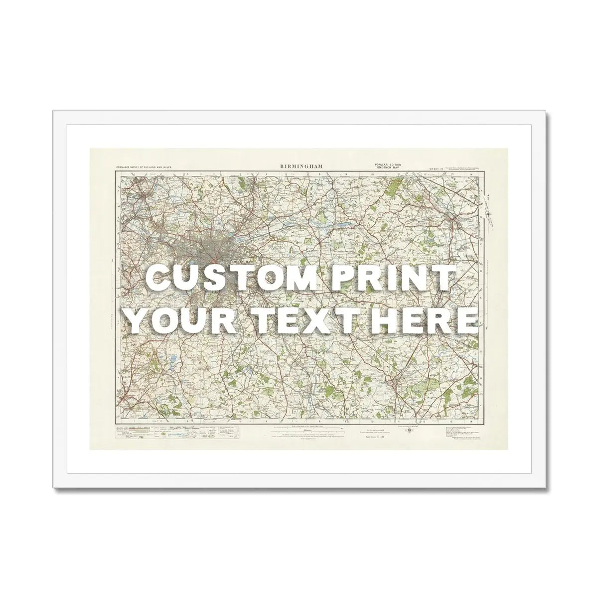 Custom Map Print of Birmingham | Personalised Map Print | Map Wall Art in White Hand Drawn Font - Framed Wall Art