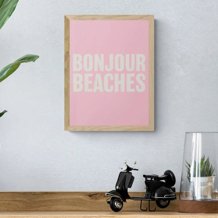 Bonjour Beaches (Pink) Word Art Print - Framed - Beach House Art