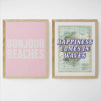 Bonjour Beaches (Pink) Word Art Print - Unframed - Beach House Art