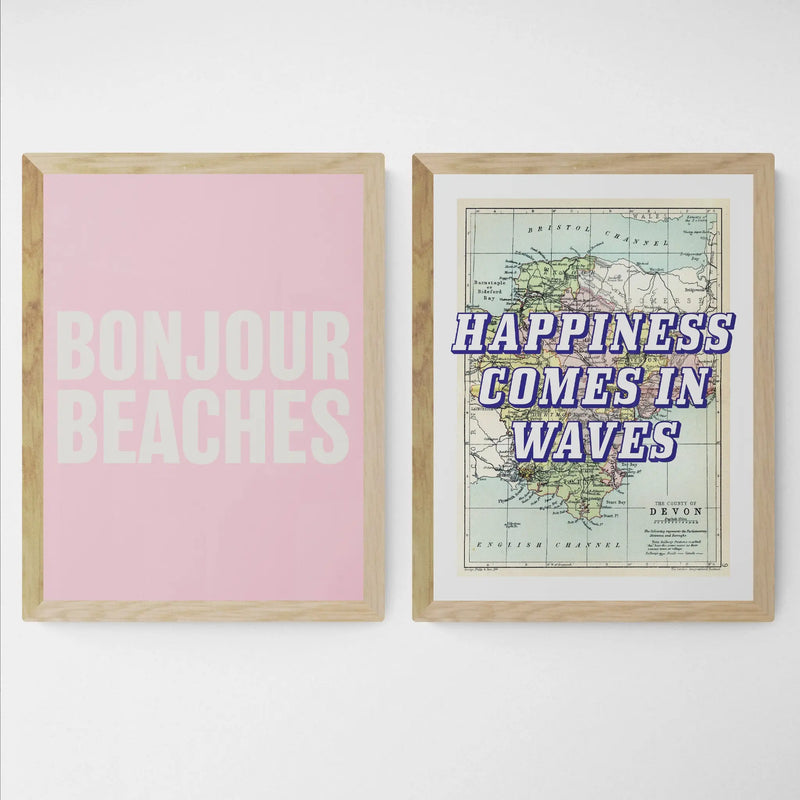 Bonjour Beaches (Pink) Word Art Print - Unframed - Beach House Art