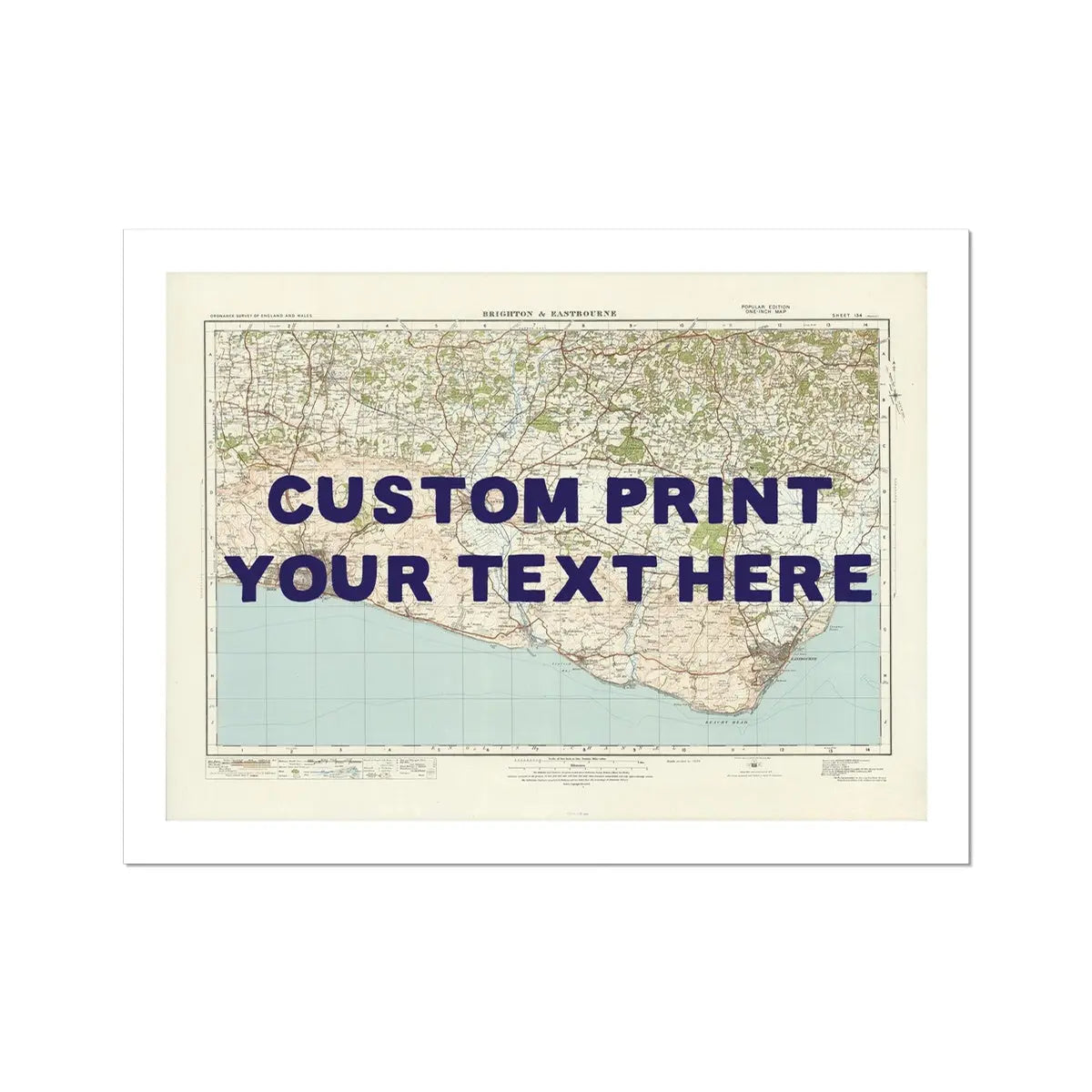 custom Map print Brighton in Navy Hand Drawn Font | Personalised Map Print | - Unframed Wall Art