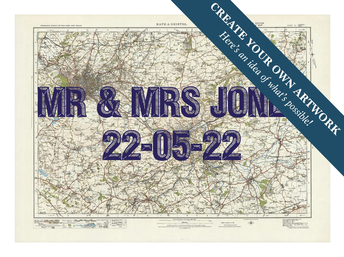 Map print of Bristol & Bath | Personalised Map Print | Map prints in navy font - Unframed wall art