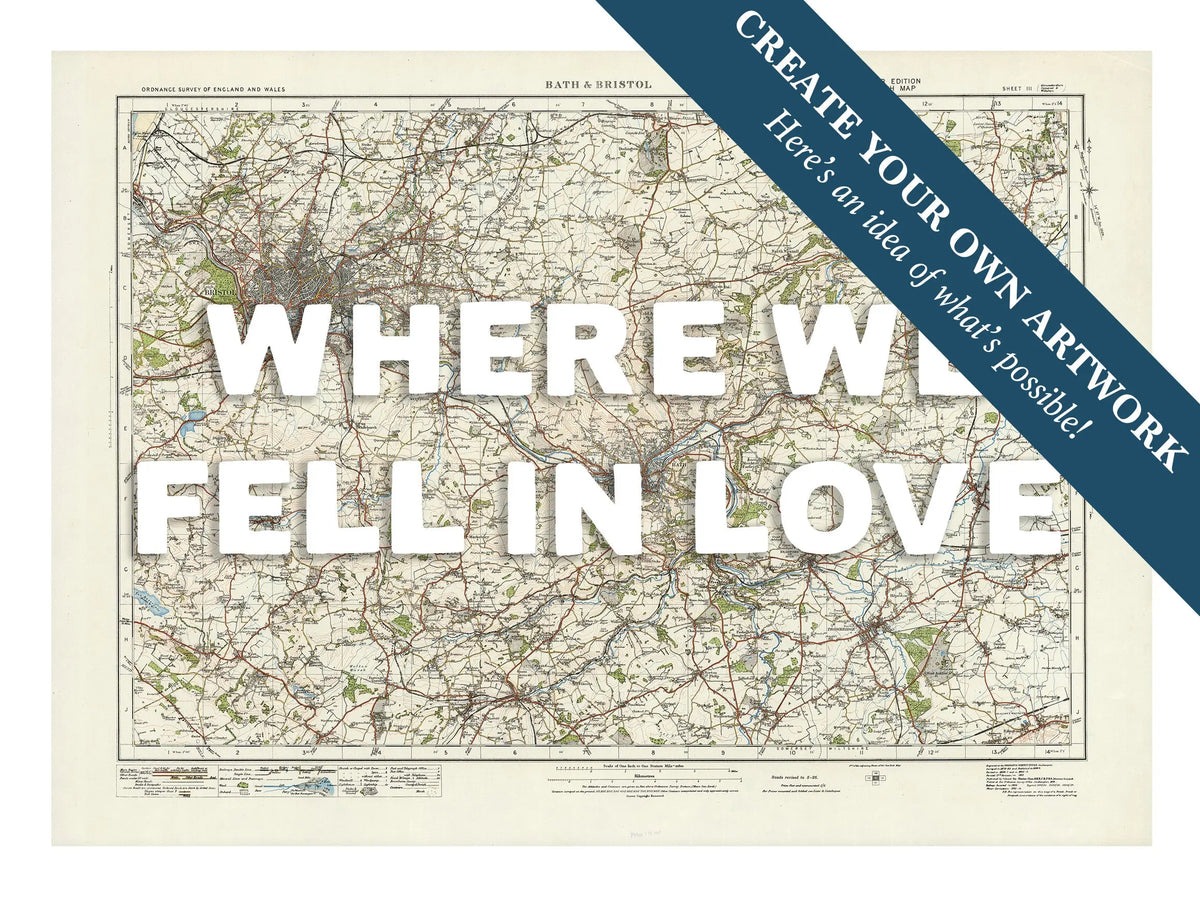 Custom Map prints of Bristol & Bath | Personalised Map Print | Map print in white font - Unframed wall art