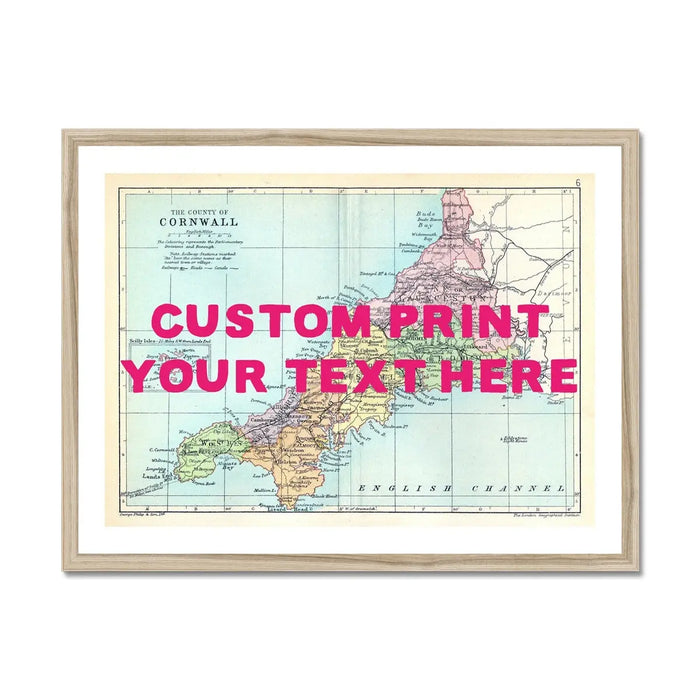Custom Map Print of Cornwall | Personalised Art Print Pink Font - Framed Wall Art