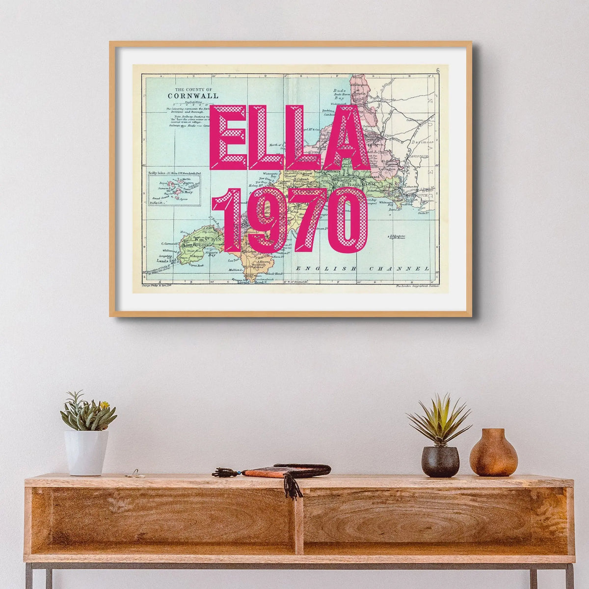 Custom Cornwall Map Print | Personalised Art Print with Pink Font - Unframed Wall Art