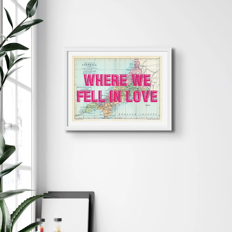 Custom Cornwall Map Print | Personalised Art Print with Pink Font - Unframed Wall Art