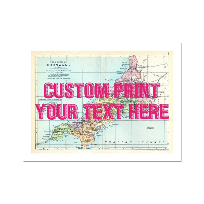 Custom Cornwall Map Print | Personalised Art Print with Pink Font - Unframed Wall Art