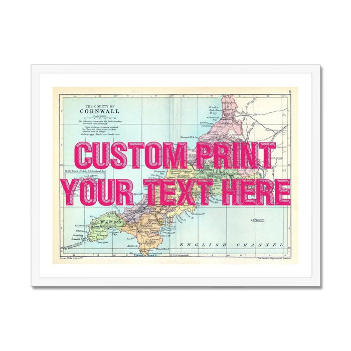 Cornwall Custom Map Print | Personalised Art Print with Pink Font - Framed Wall Art