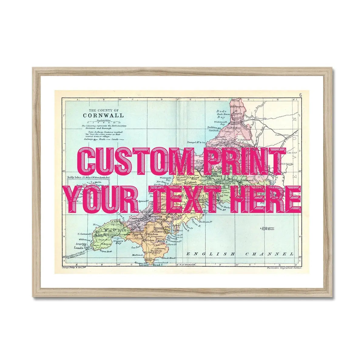 Cornwall Custom Map Print | Personalised Art Print with Pink Font - Framed Wall Art
