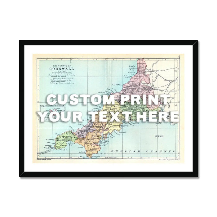 Custom Cornwall Map Print | Personalised Art Print with White Font - Framed Wall art