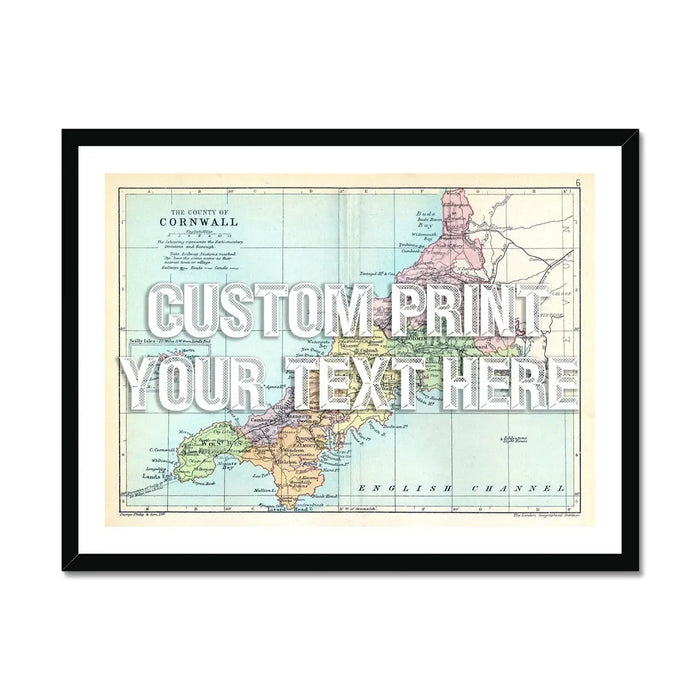 Custom Cornwall Map | Personalised Map Art Print | White Vintage Font - Framed Wall Art