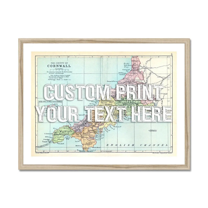 Custom Cornwall Map | Personalised Map Art Print | White Vintage Font - Framed Wall Art