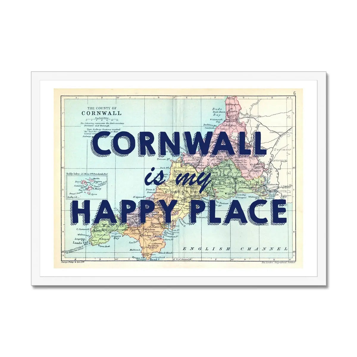 Cornwall is my Happy Place Print | Vintage Map Art | Cornwall Print - Framed Wall Art