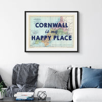 Cornwall is my Happy Place Print | Vintage Map Art | Cornwall Print - Framed Wall Art