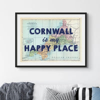 Cornwall is my Happy Place Print | Vintage Map Art | Cornwall Map Print- Unframed Wall Art