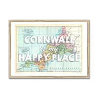 Framed vintage map artwork of Cornwall with the text 'Cornwall is my Happy Place' in white font - coastal wall art