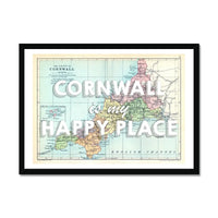 Framed vintage map artwork of Cornwall with the text 'Cornwall is my Happy Place' in white font - coastal wall art