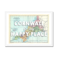 Framed vintage map artwork of Cornwall with the text 'Cornwall is my Happy Place' in white font - coastal wall art