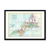 Cornwall is our Happy Place Art print | Cornwall Map Print | Vintage Map Prints with white text - Framed Wall Art