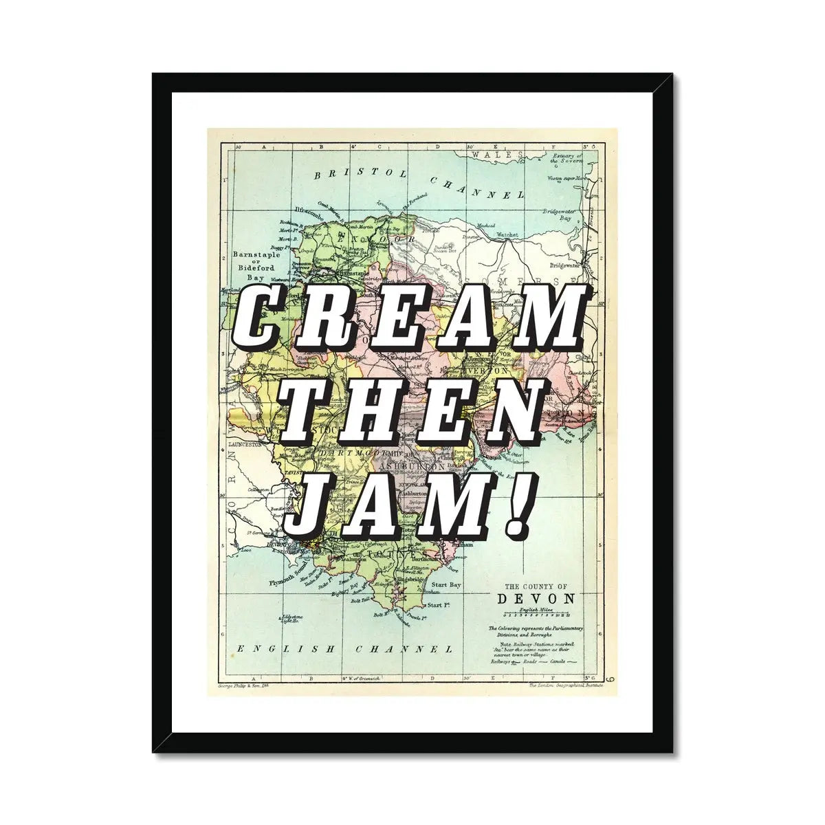 Cream Then Jam! (Devon Map) Vintage Map Art - Framed - Beach House Art