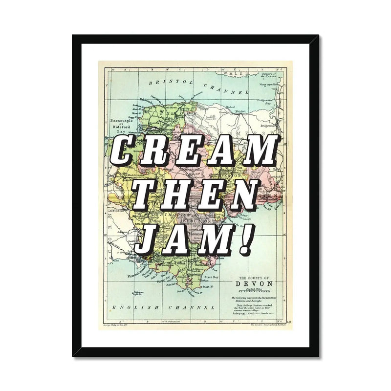 Cream Then Jam! (Devon Map) Vintage Map Art - Framed - Beach House Art