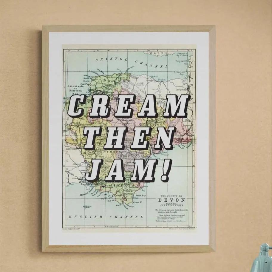Cream Then Jam! (Devon Map) Vintage Map Art - Framed - Beach House Art
