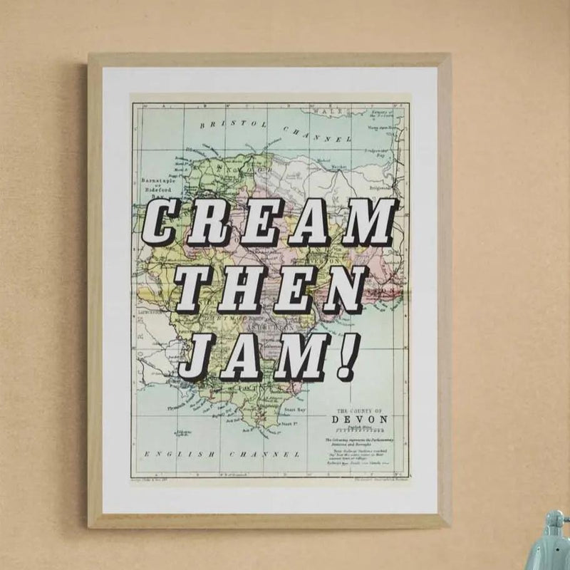 Cream Then Jam! (Devon Map) Vintage Map Art - Framed - Beach House Art