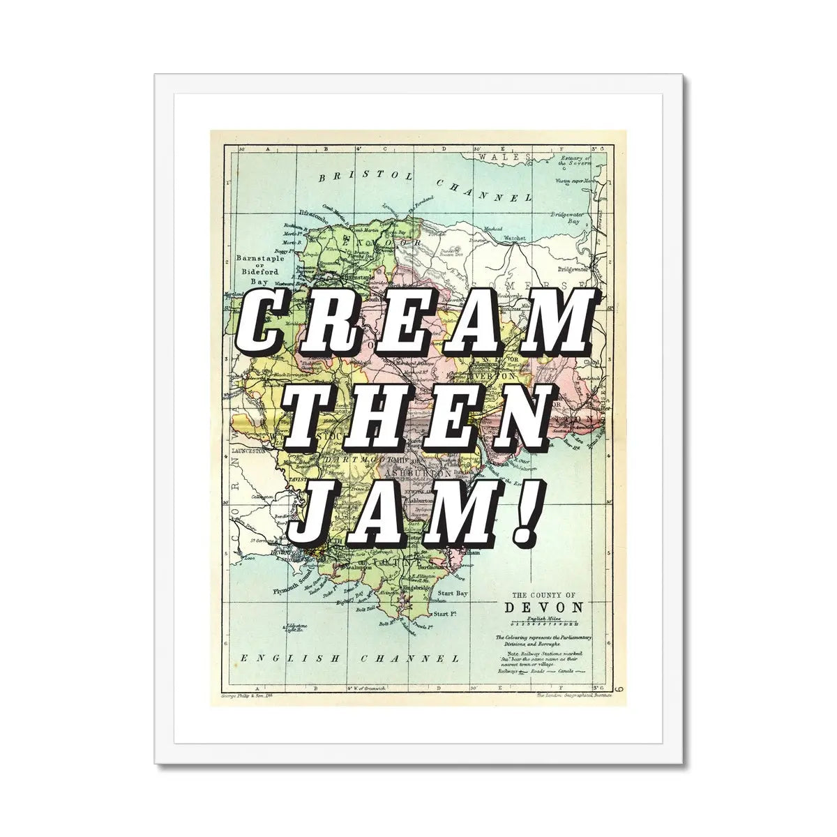 Cream Then Jam! (Devon Map) Vintage Map Art - Framed - Beach House Art