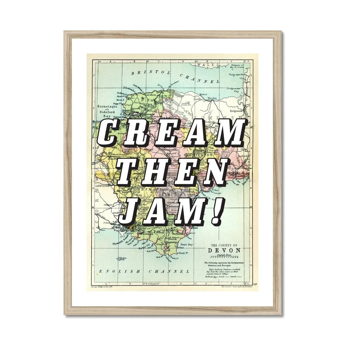 Cream Then Jam! (Devon Map) Vintage Map Art - Framed - Beach House Art