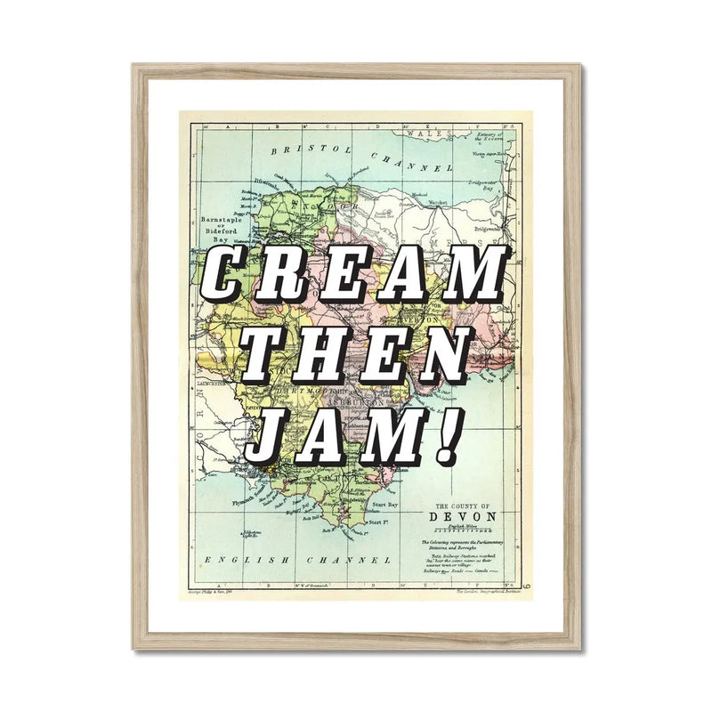 Cream Then Jam! (Devon Map) Vintage Map Art - Framed - Beach House Art