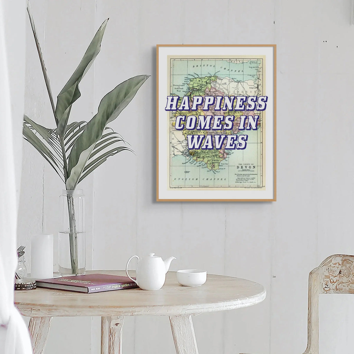 Devon: Happiness Comes in Waves (Devon Map) Vintage Map Art - Framed - Beach House Art