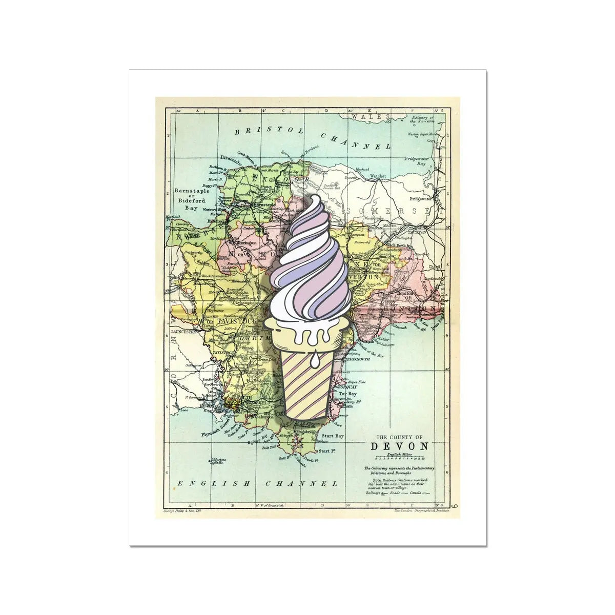 Devon Ice Cream (Devon Map) Vintage Map Art - Unframed - Beach House Art