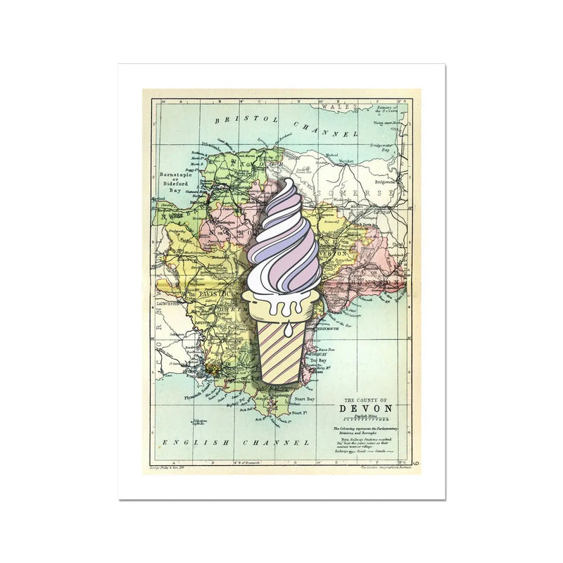 Devon Ice Cream (Devon Map) Vintage Map Art - Unframed - Beach House Art
