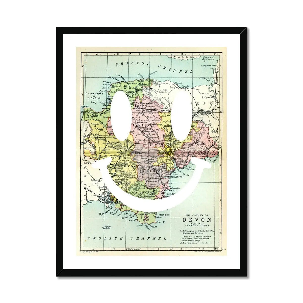 Devon Makes Me Happy White (Devon Map) Vintage Map Art - Framed - Beach House Art
