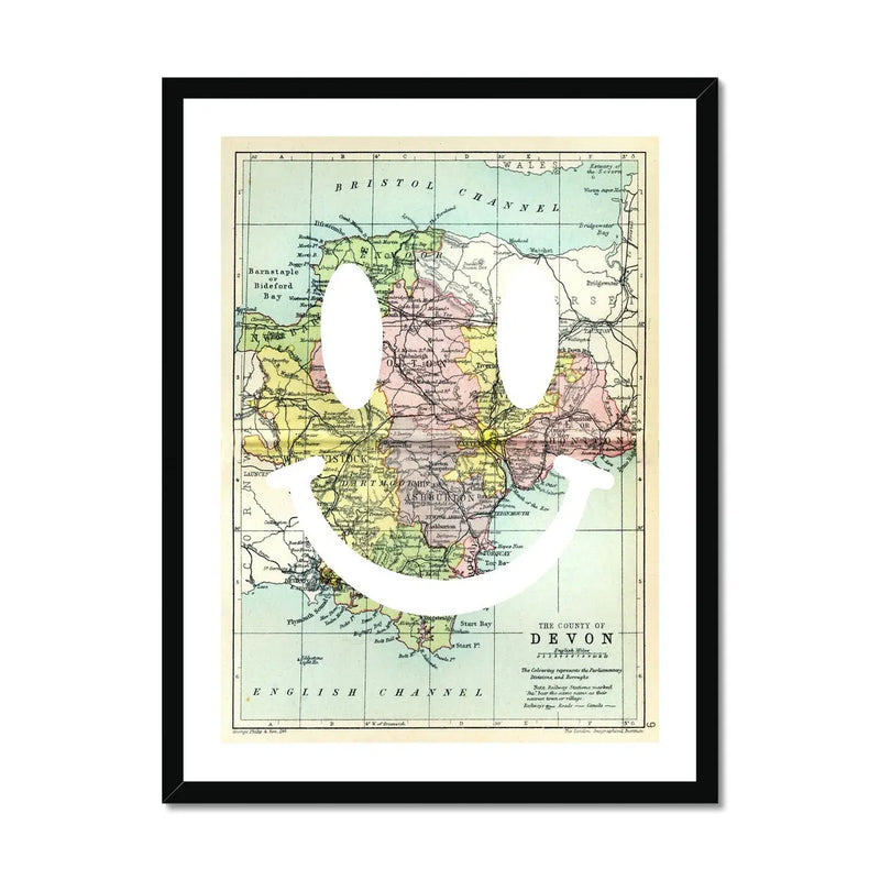Devon Makes Me Happy White (Devon Map) Vintage Map Art - Framed - Beach House Art