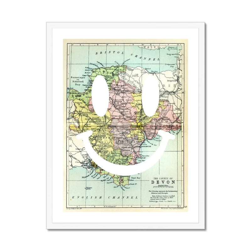Devon Makes Me Happy White (Devon Map) Vintage Map Art - Framed - Beach House Art
