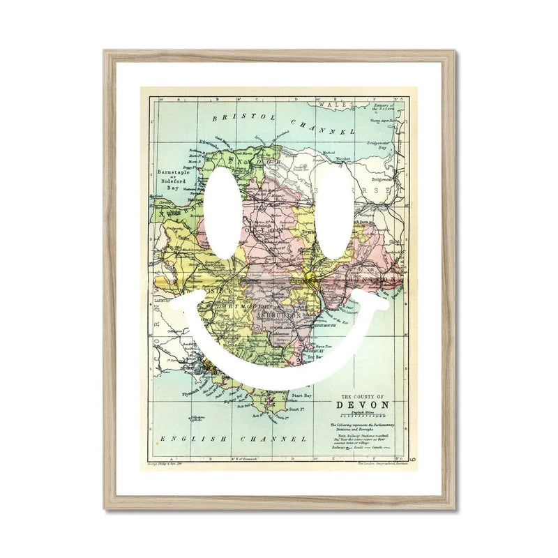 Devon Makes Me Happy White (Devon Map) Vintage Map Art - Framed - Beach House Art