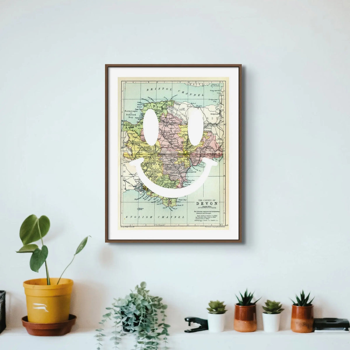 Devon Makes Me Happy White (Devon Map) Vintage Map Art - Framed - Beach House Art
