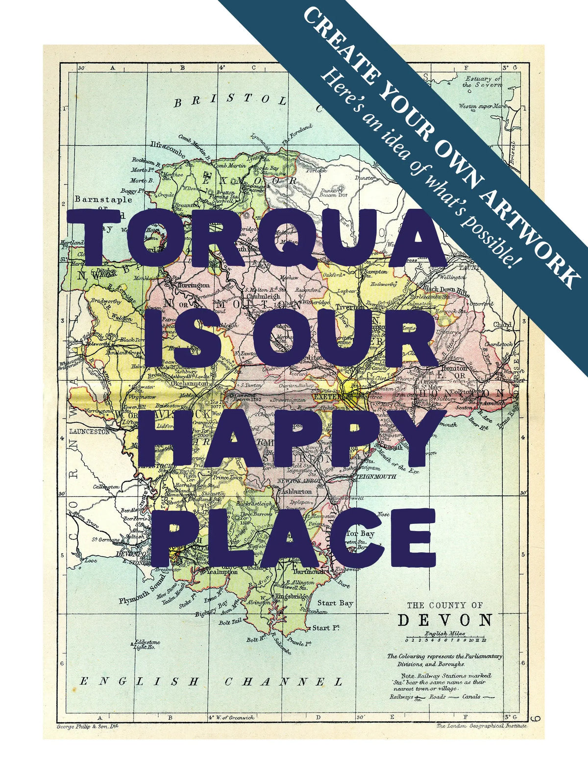Custom map print Devon | Personalised Map Print | Map Prints with custom navy wording - Framed wall art