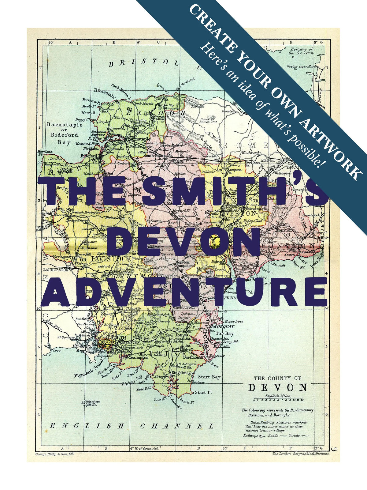 Custom map print Devon | Personalised Map Print | Map Prints with custom navy wording - Framed wall art