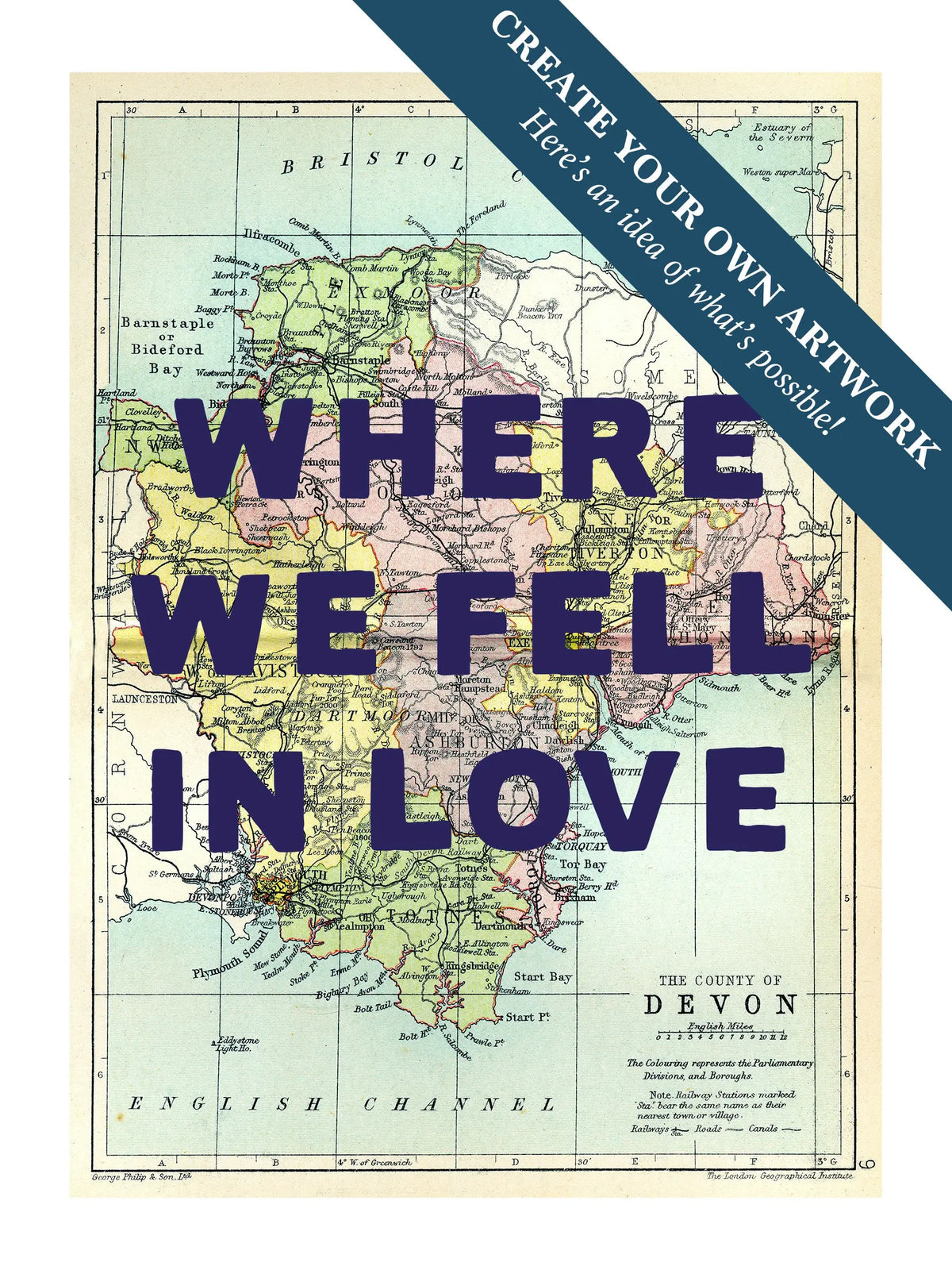 Custom map print Devon | Personalised Map Print | Map Prints with custom navy wording - Framed wall art