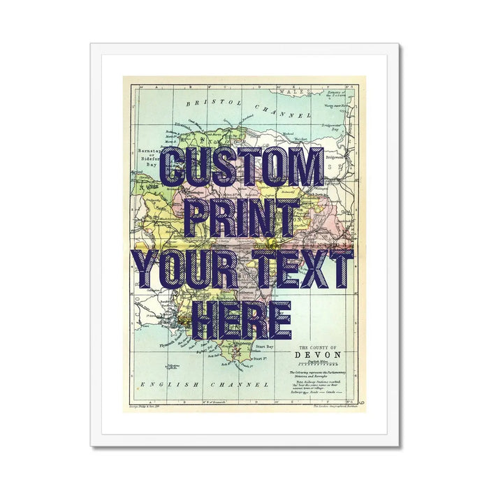 Custom Map Print of Devon | Personalised Map Print | Map Prints with Navy Font - Framed Wall Art