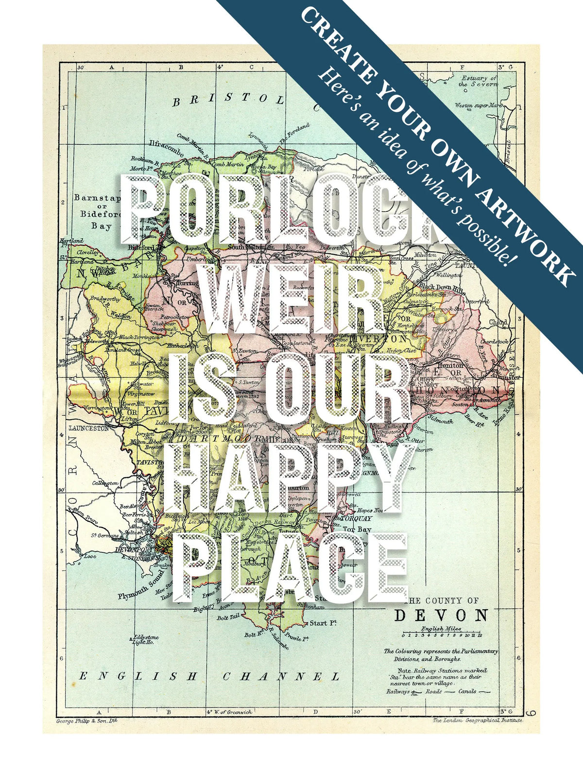 Map print of Devon | Personalised Map Print | Map Prints with white custom wording - Unframed wall art