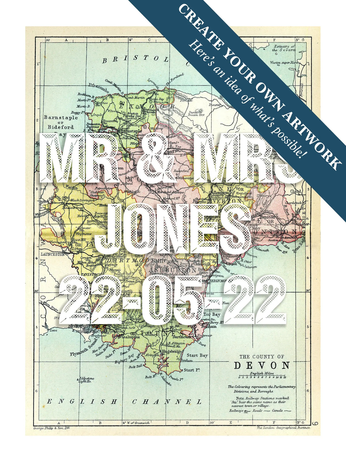 Map print of Devon | Personalised Map Print | Map Prints with white custom wording - Unframed wall art