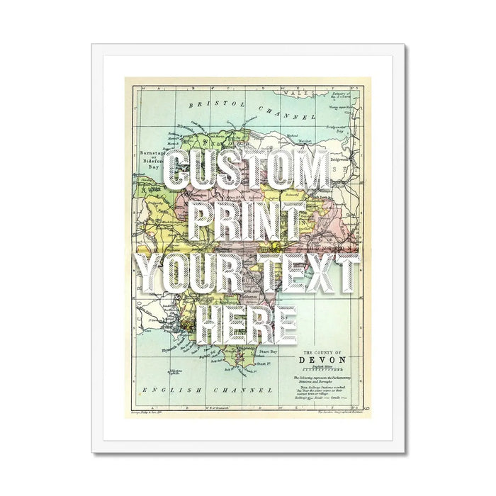 Map print of Devon with custom White text | Personalised Map Print - Framed map prints wall art