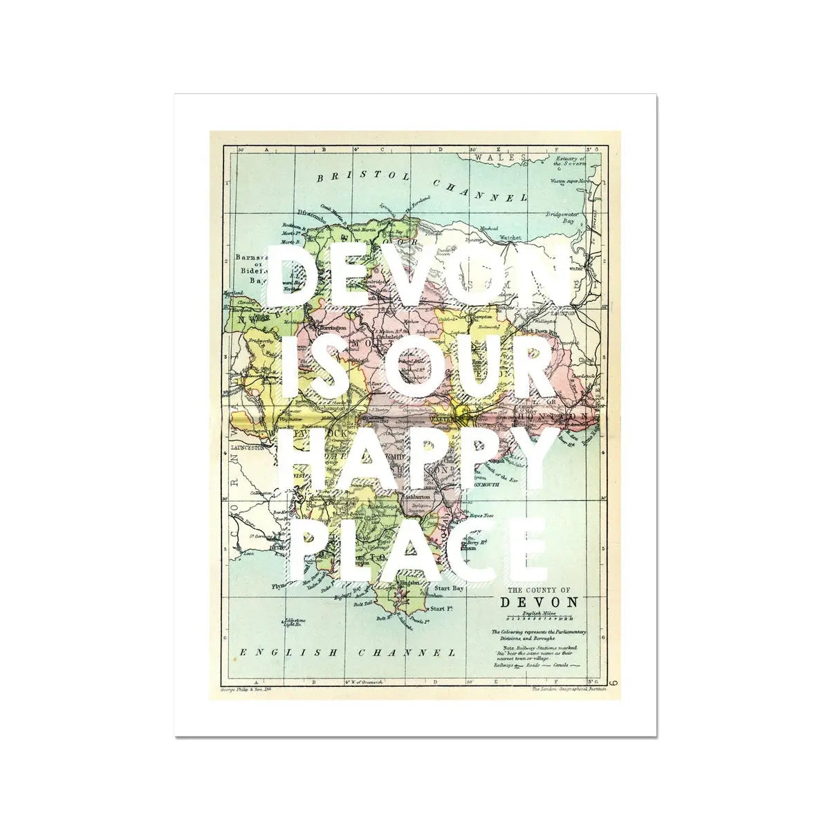 Devon is our Happy Place (Devon Map) Vintage Map Art - Unframed - Beach House Art