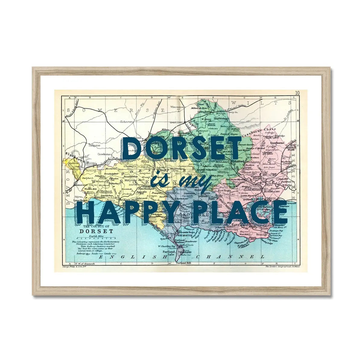 Dorset is my Happy Place (Dorset Map) Vintage Map Art - Framed - Beach House Art