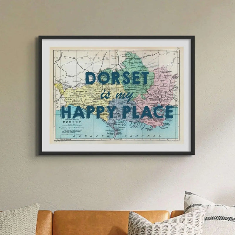 Dorset is my Happy Place (Dorset Map) Vintage Map Art - Framed - Beach House Art